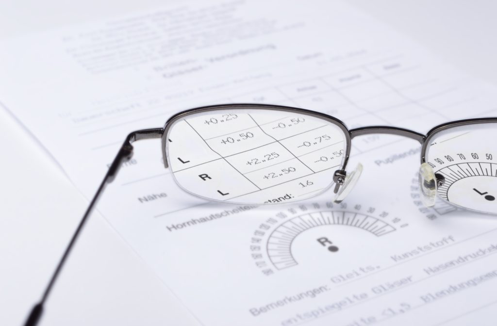 A pair of glasses resting on top of an eye exam report, magnifying the number's of glasses prescription