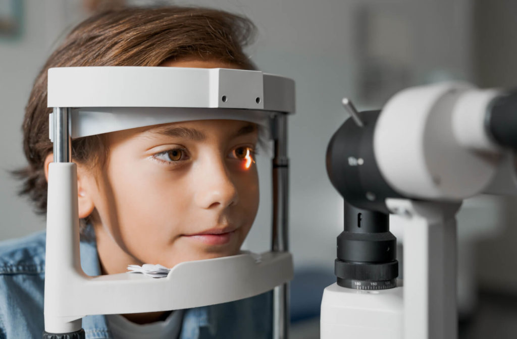Close-up of a child undergoing a slit-lamp exam.