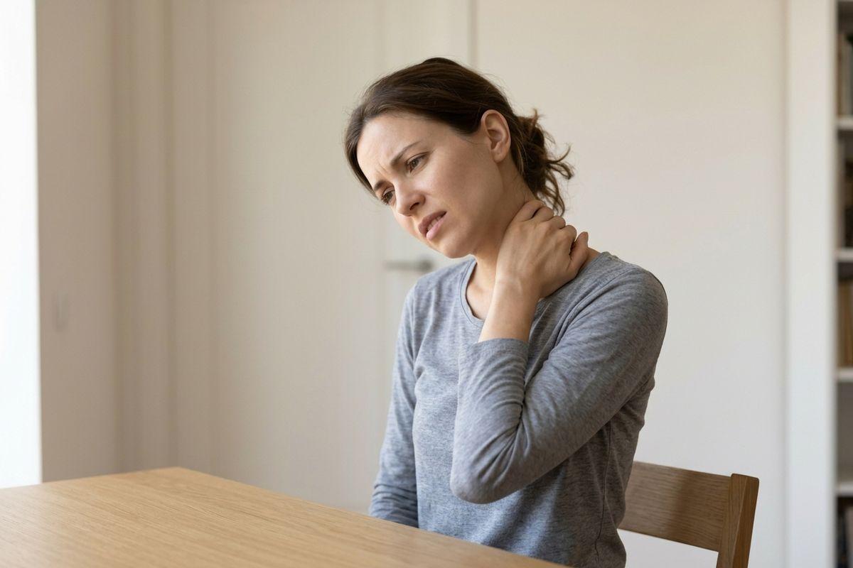 a person experiencing neck pain while sitting at a desk