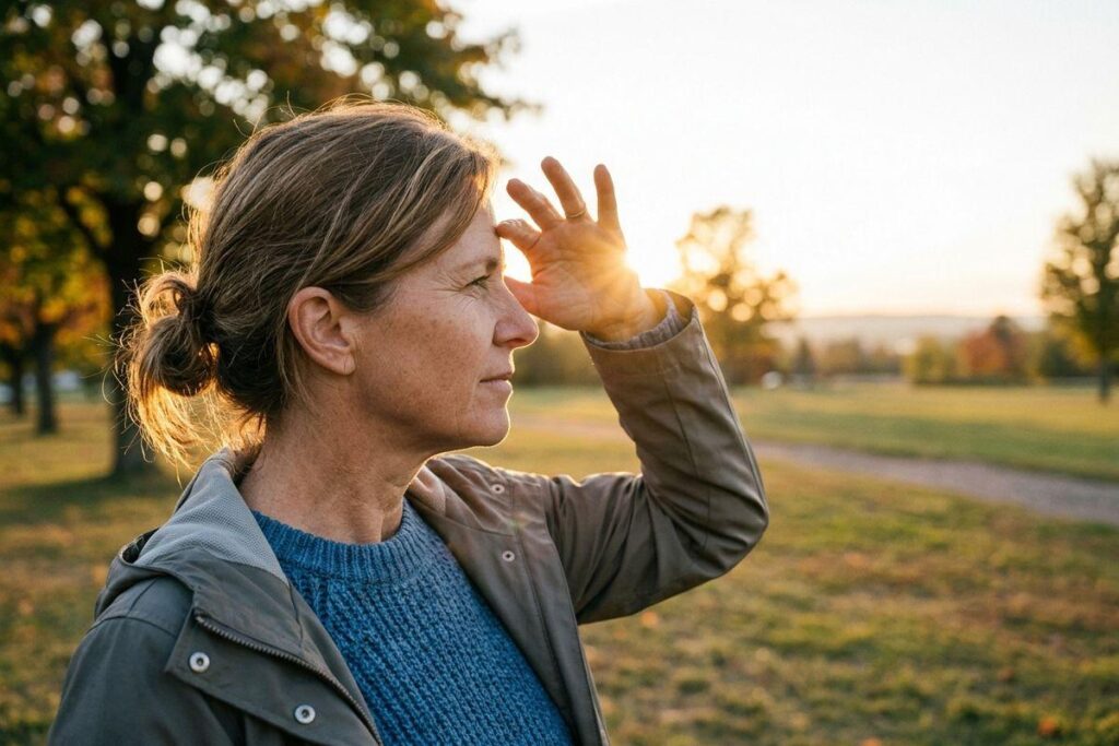 A person covering their eyes from the sun while looking in the distance