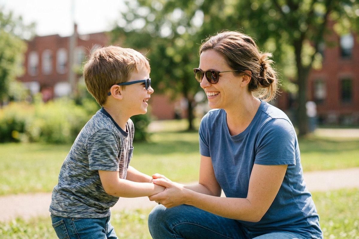 a mother and her son holding hands while wearing sunglasses outside