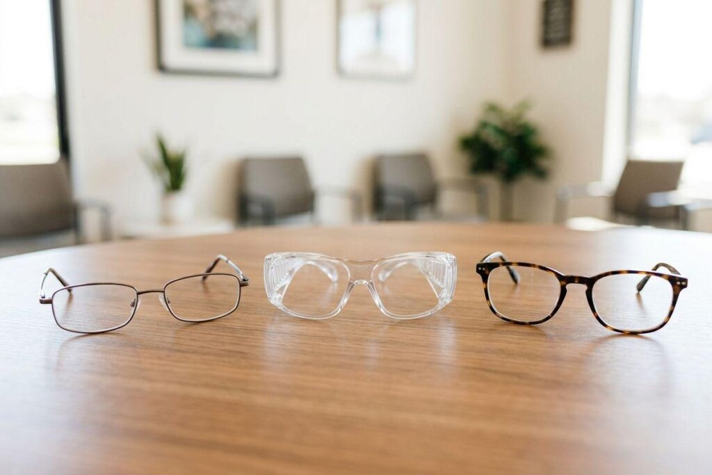 Different pairs of glasses on a table