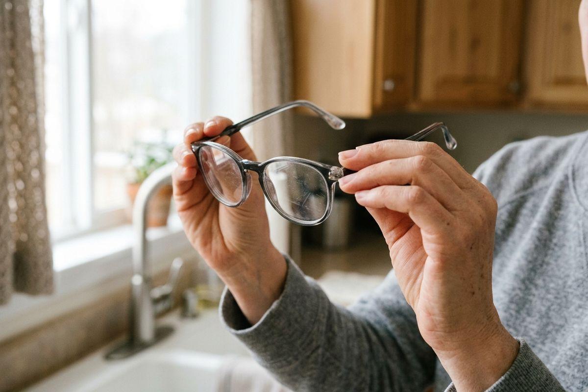 Adult holding up a pair of grey-framed eyeglasses with both hands near a kitchen sink.