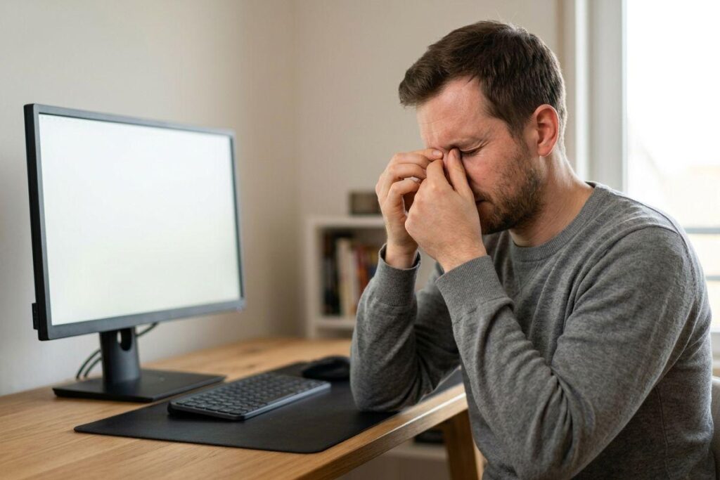 Adult with a migraine sitting at a desk with a computer monitor, eyes closed, pinching the bridge of their nose with both hands.