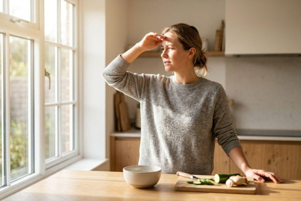 An adult standing at a kitchen counter, pressing a hand to their forehead with a concerned expression, gazing toward a window.