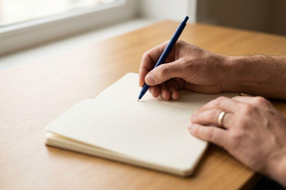 An adult wearing a ring writing with a blue pen in a blank notebook on a wooden desk.